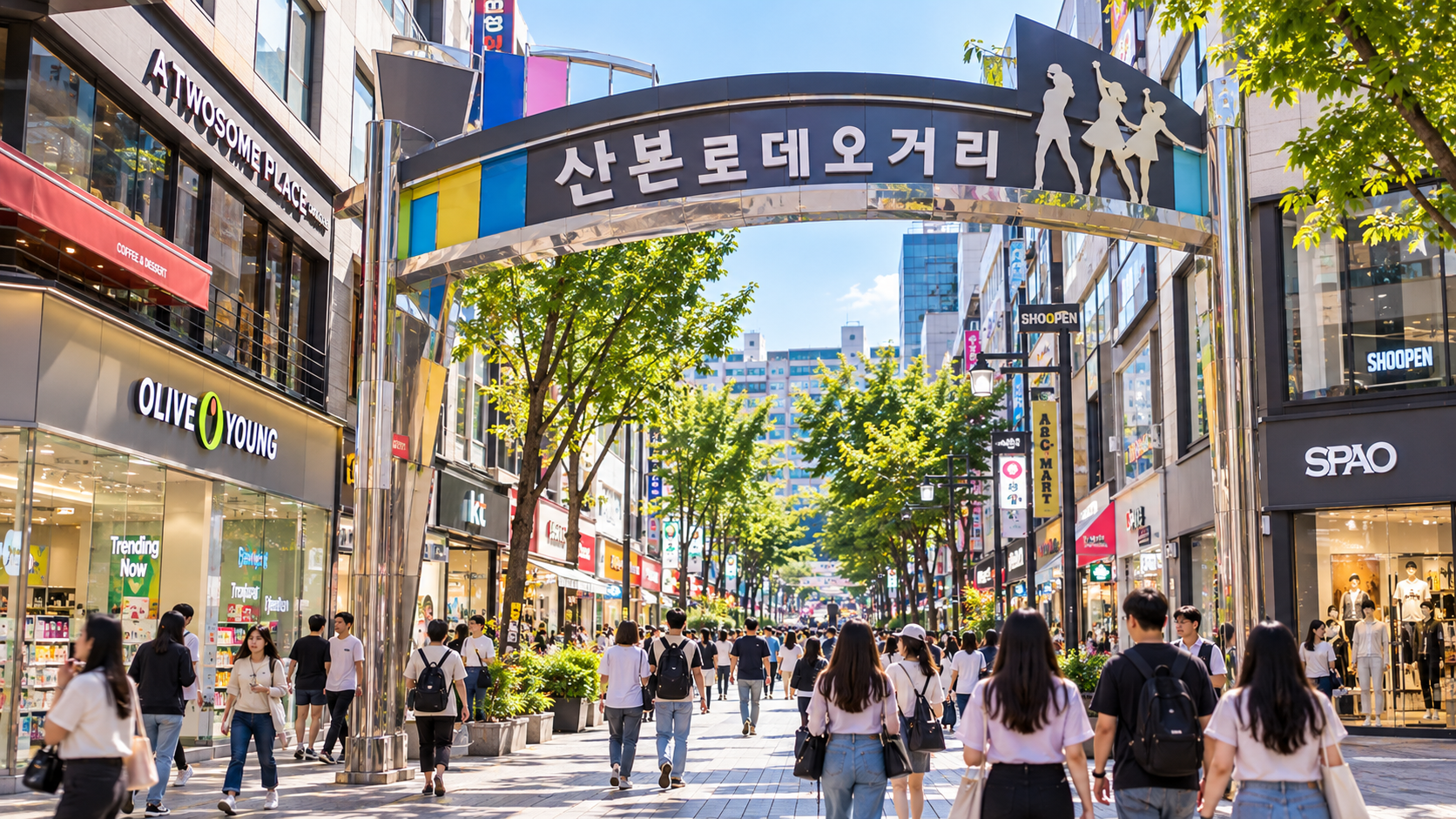 산본로데오거리 입구와 방문객이 오가는 상점가를 표현한 연출 이미지. 실제 운영 현장 촬영 사진이 아닙니다.