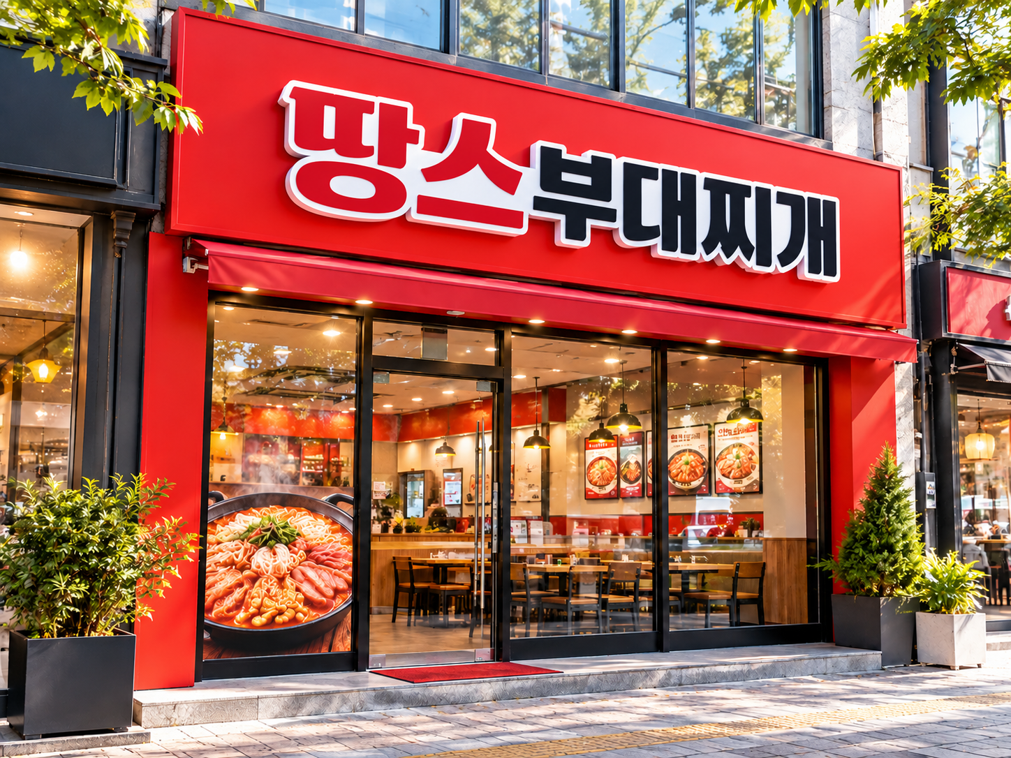 땅스부대찌개 간판과 매장 외관을 표현한 연출 이미지. 공식 매장 사진이나 실제 설치 증거가 아닙니다.